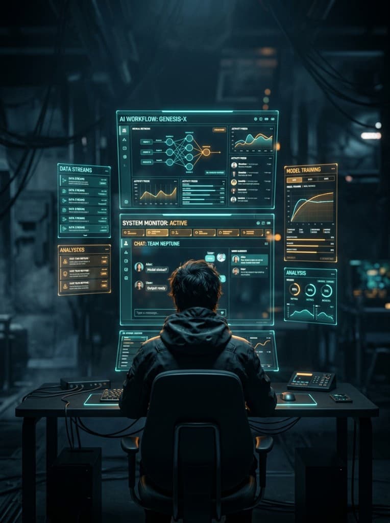 Human at a command station orchestrating AI agents across holographic screens
