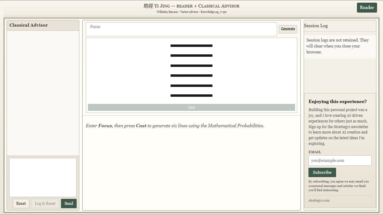 Yi Jing — cast the I Ching and read with a Classical Advisor