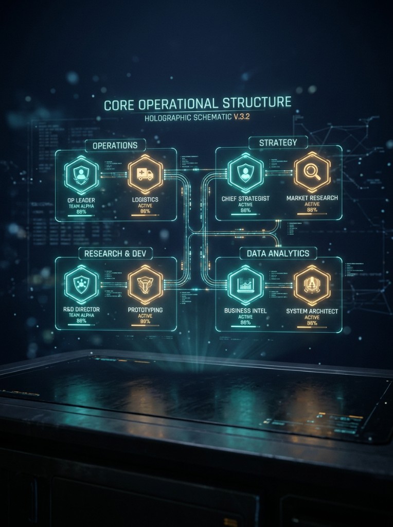 Builder at a workstation orchestrating holographic agent interfaces