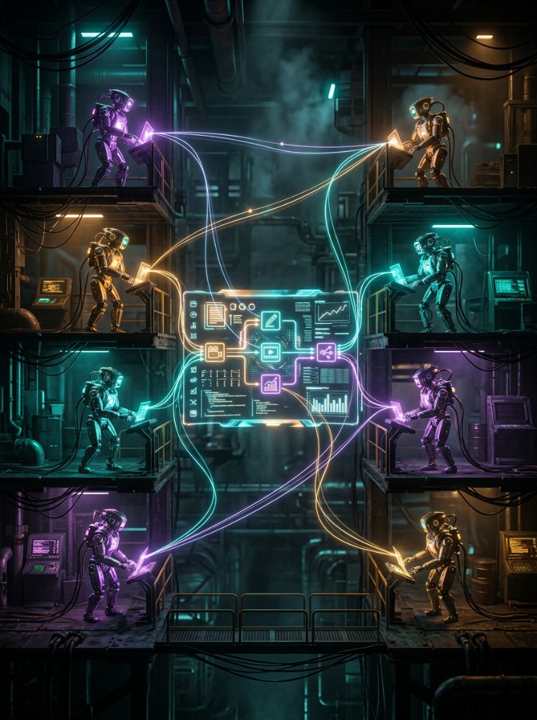 Eight glowing robotic agents connected by light trails around a central content display
