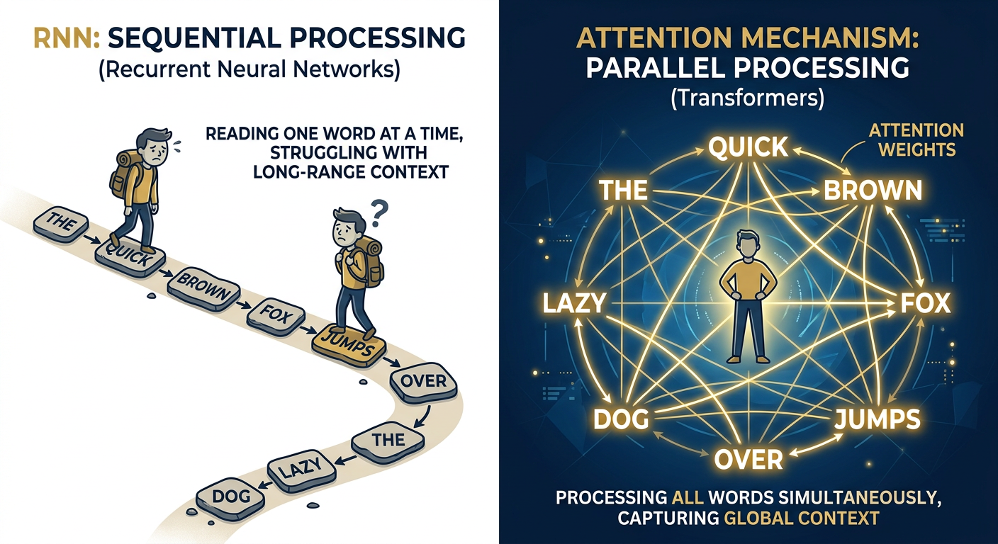 RNN Sequential Processing vs Attention Mechanism Parallel Processing