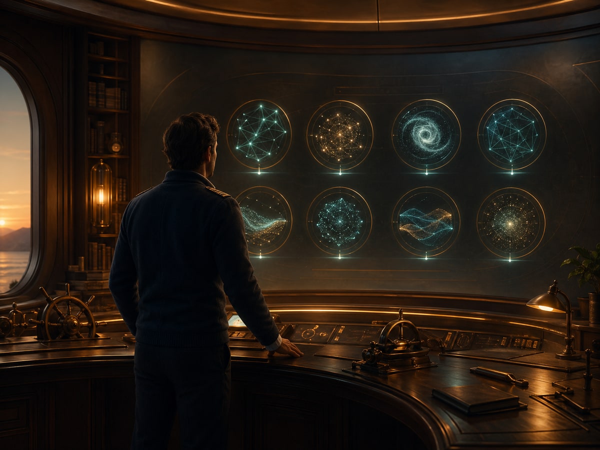 A strategist’s desk — charts, a compass, and systems diagrams