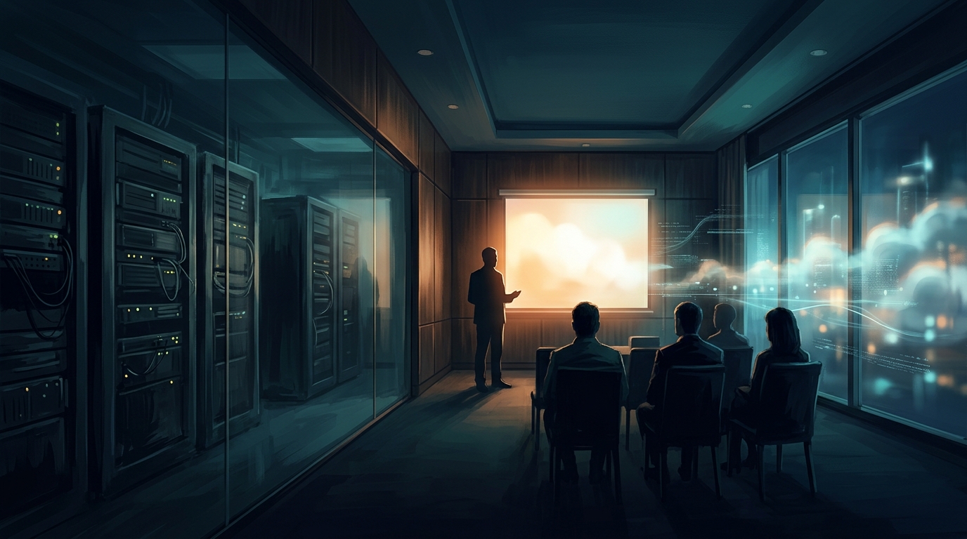 A mid-2000s cloud computing conference scene, with server racks and a new cloud horizon emerging behind the speaker