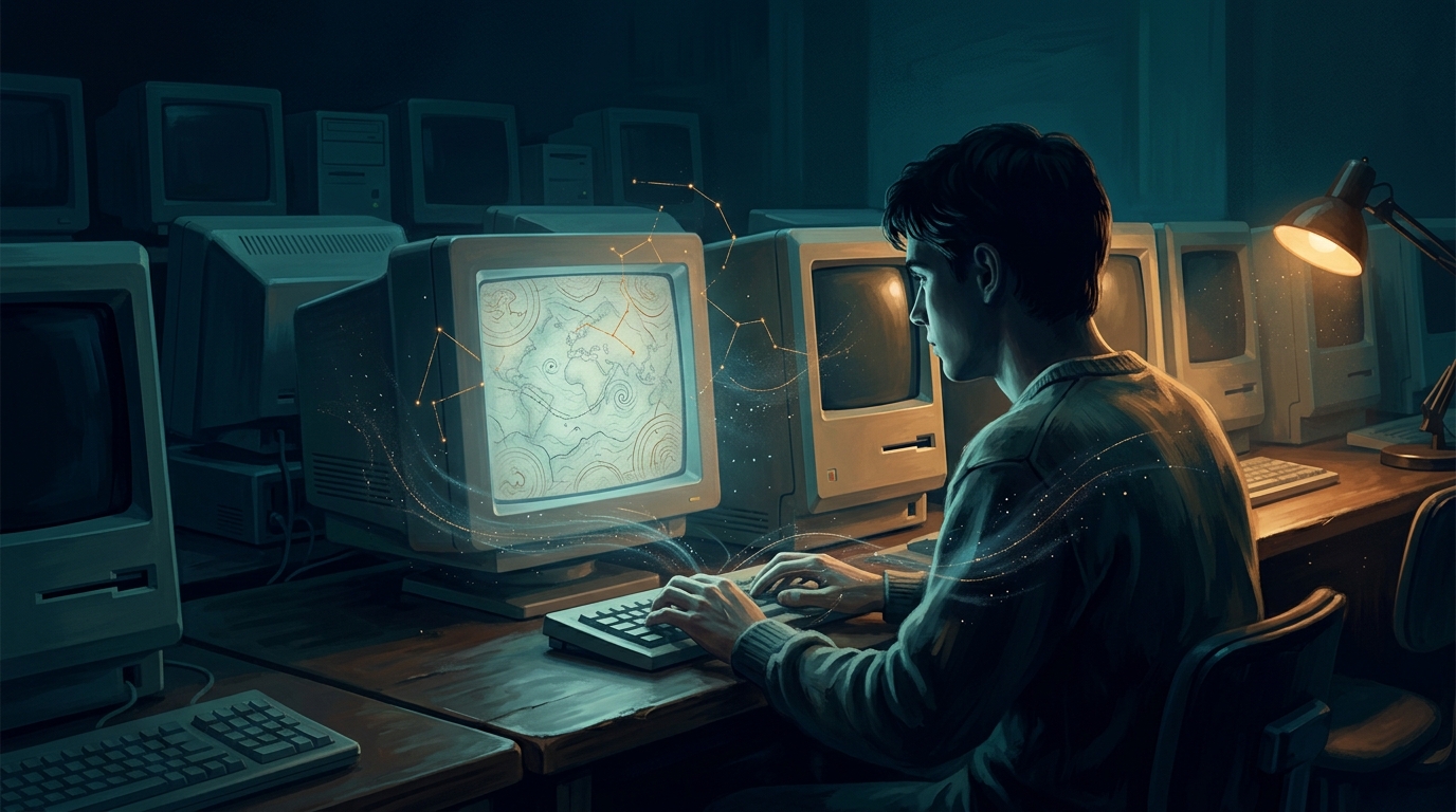 A 1990s university computer lab at night, with old CRT monitors glowing like a first glimpse of the visual web