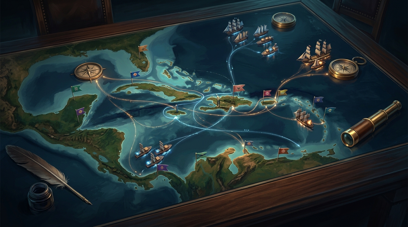 An overhead AI Caribbean strategy board, with ships, routes, flags, compasses, and data currents crossing the map